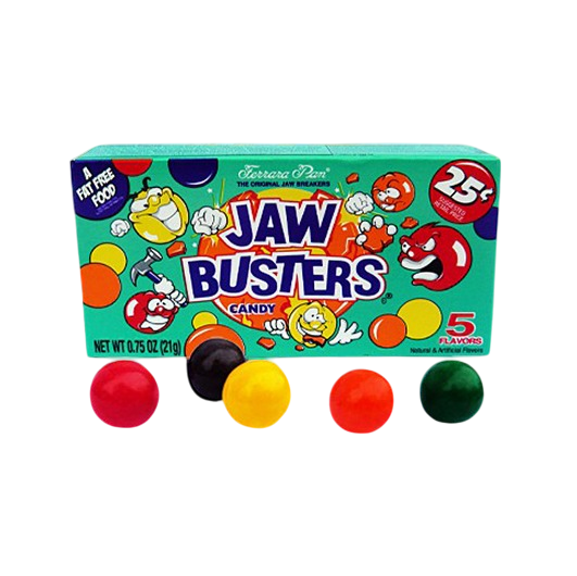 Jaw Busters is a hard candy with fruit flavor.